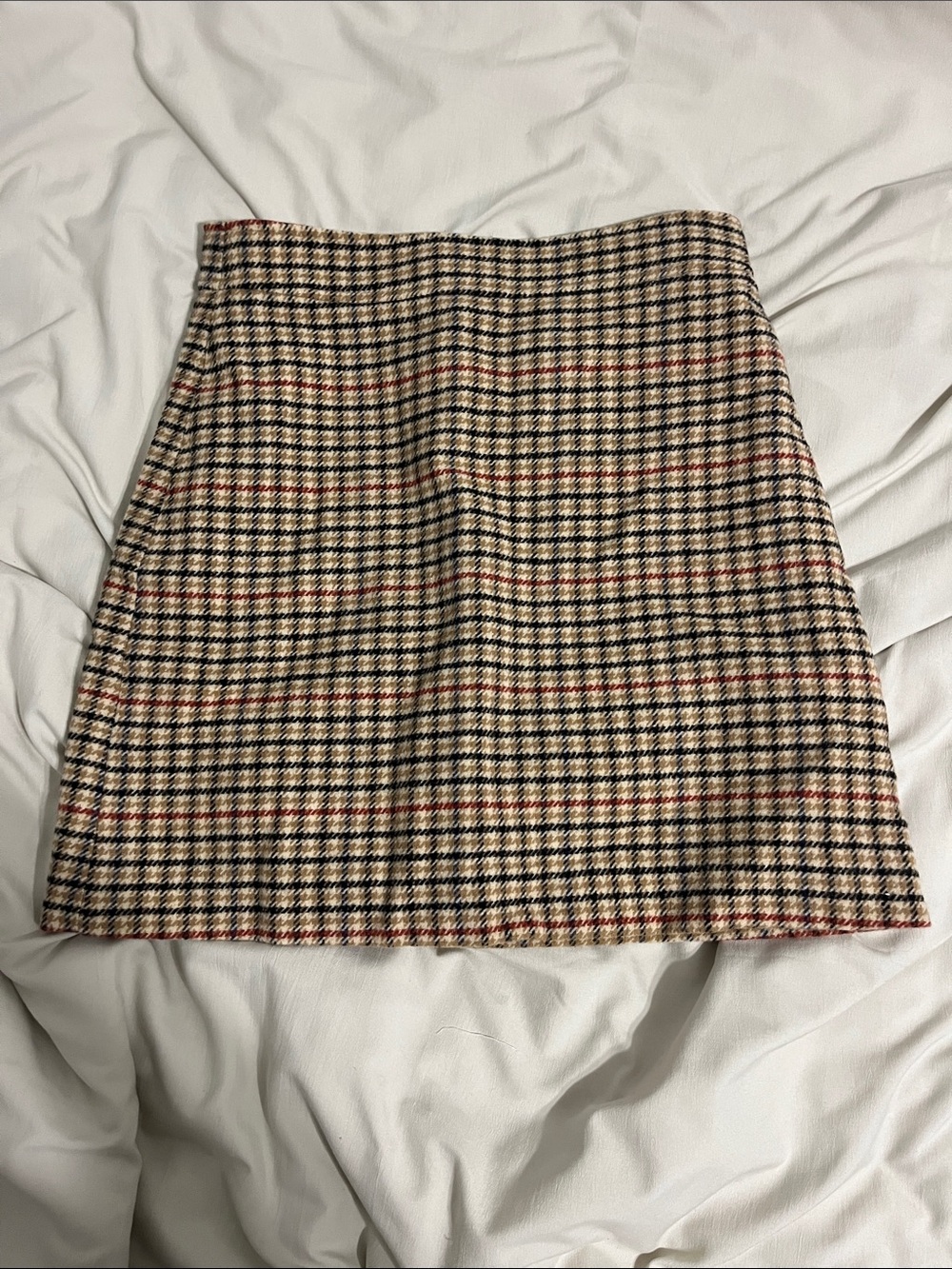 J. Crew Beige Plaid Mini Skirt with Black and Red Accents
